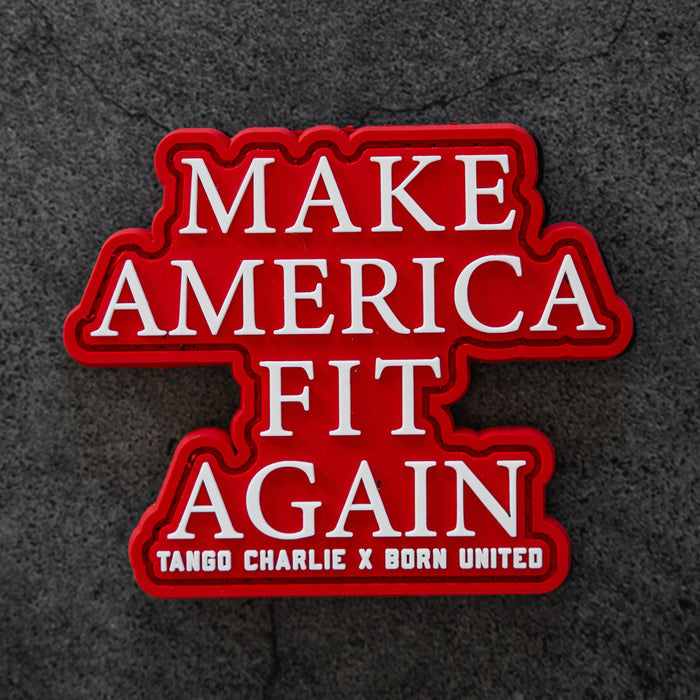 The Make America Fit Again - Patch by Tango Charlie Apparel is a 3-inch red 3D PVC patch with white text and Velcro backing, perfect for your gear.