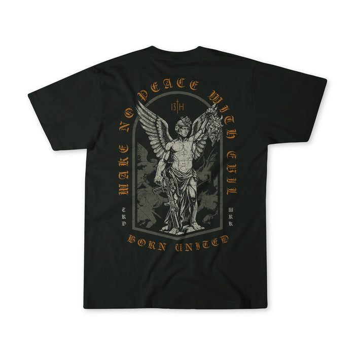 The Make No Peace Premium Tee by Born United Private Label is crafted from premium cotton and features an angel statue with a sword, bold “MAKE NO PEACE WITH EVIL BORN UNITED” text—a statement piece for true Born United style.