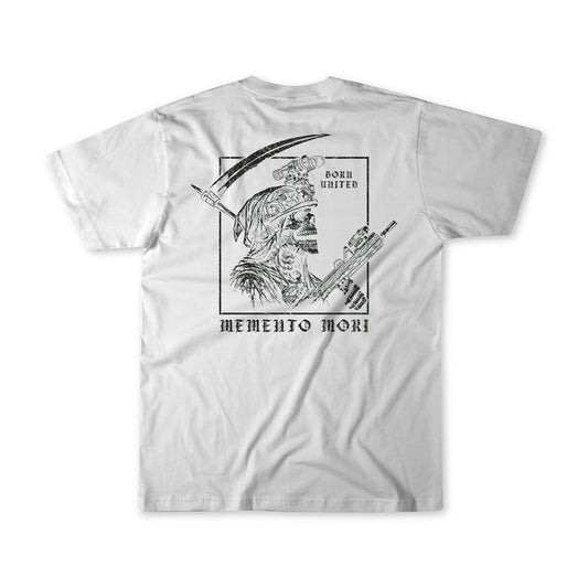 Born United Private Label’s “Memento Mori – White” t-shirt features a black line illustration of an armored skeleton holding a rifle and scythe on the front, with the phrases “Born United” and “memento mori” printed on the back as a philosophical reminder.