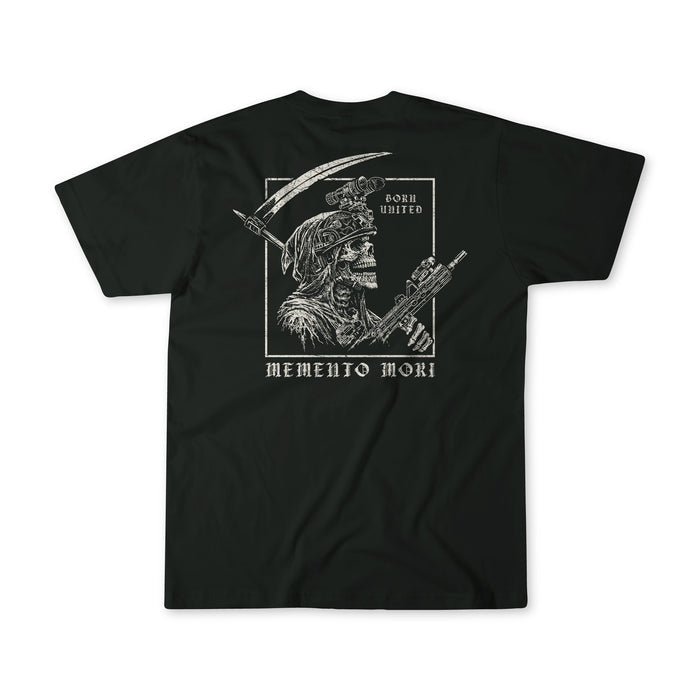 The “Memento Mori” black t-shirt by Born United Private Label features a skeleton Roman soldier with a rifle and scythe, plus “Born United” above and “Memento Mori” below—combining bold style with classic philosophical meaning.