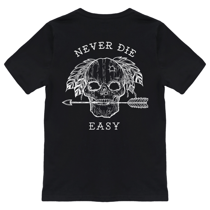 The Never Die Easy Black Tee by Relentless Betrayal is a unisex fine jersey cotton shirt featuring a white skull and arrow with feathers on the back, and Never Die Easy boldly displayed above and below the design.