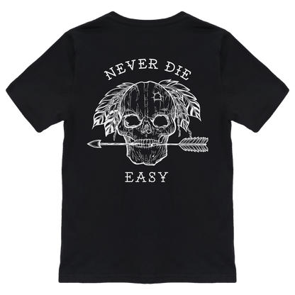 The Never Die Easy Black Tee by Relentless Betrayal is a unisex fine jersey cotton shirt featuring a white skull and arrow with feathers on the back, and Never Die Easy boldly displayed above and below the design.