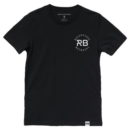 The Never Die Easy Black Tee by Relentless Betrayal is made from fine jersey cotton. It features the white Relentless Betrayal logo and bold RB initials on the front, with a size small tag inside the collar, offering a soft and stylish fit for any unisex wardrobe.