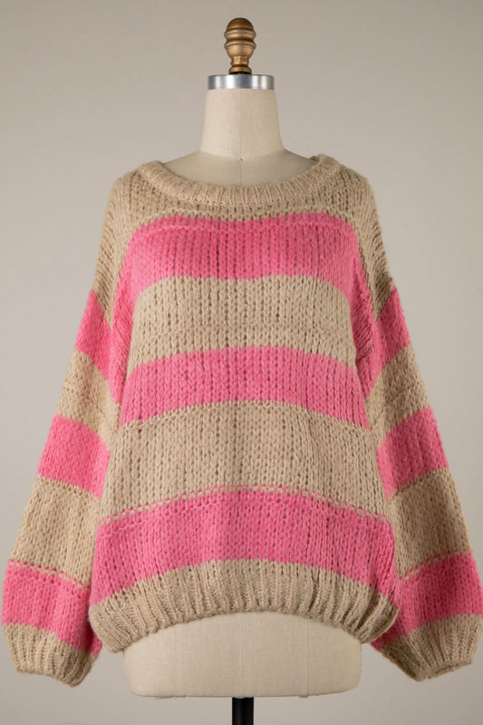Poppy Beige and Pink Striped Oversized Sweater