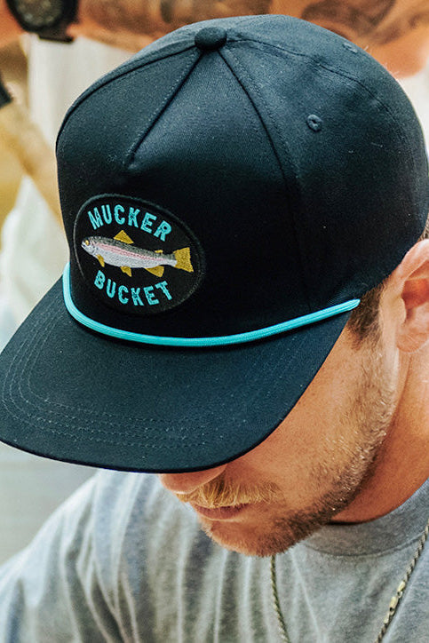 mucker bucket - rainbow trout bucket hat closeup