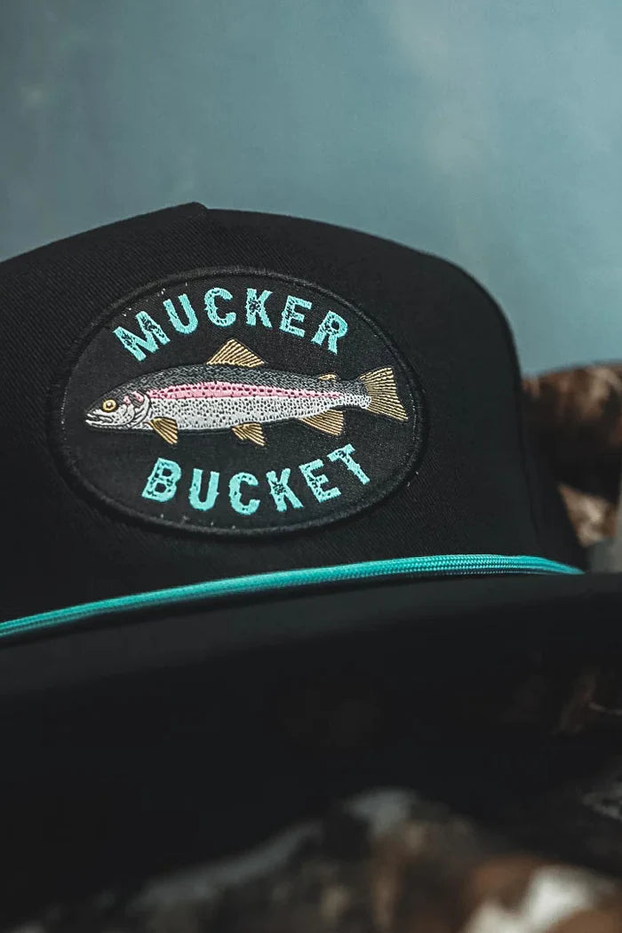 mucker bucket - rainbow trout bucket hat flat lay