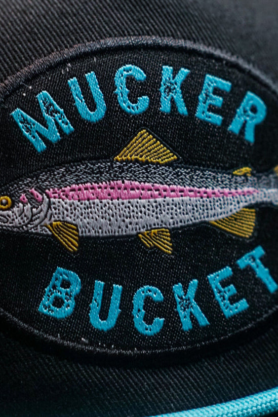 mucker bucket - rainbow trout bucket hat patch detail