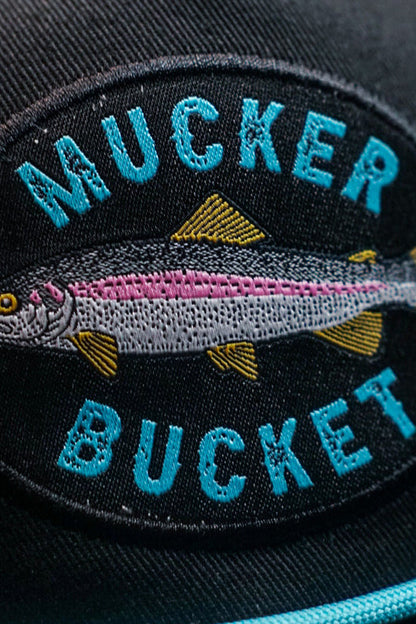 mucker bucket - rainbow trout bucket hat patch detail