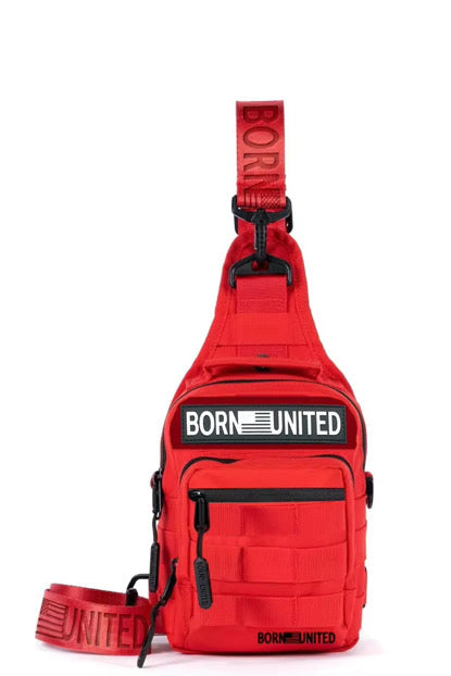 The Red Reaper Tactical Sling-Pac - 4L by Born United Private Label is a bright red compact crossbody bag with a front zipper pocket, sleek black zippers and hardware, and bold BORN UNITED branding on the front and adjustable strap.