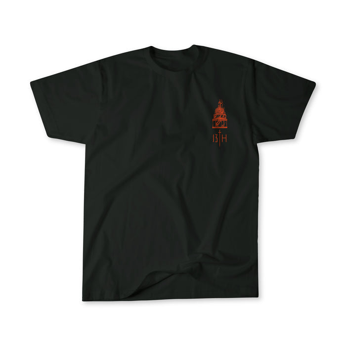 The 13th Rise & Fall Premium Tee is a black T-shirt with a red-orange dome-and-column graphic on the left chest, symbolizing architectural achievements. The letters B H printed below add intrigue to this unique piece.