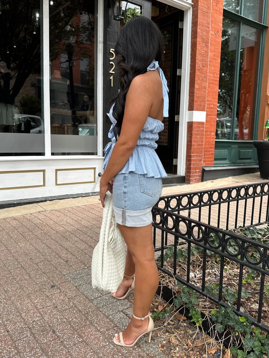 Romy Light Wash Cuffed Denim Mini Skirt