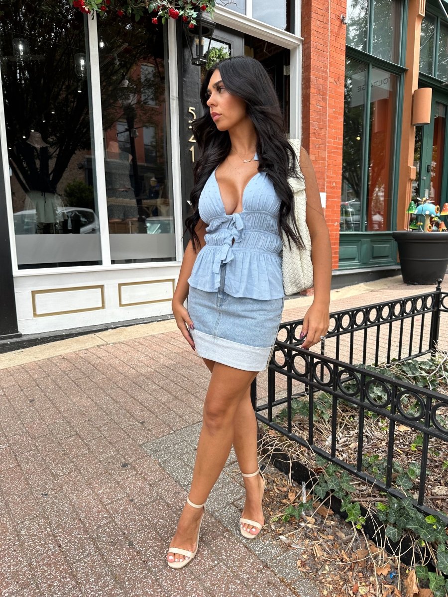 Romy Light Wash Cuffed Denim Mini Skirt
