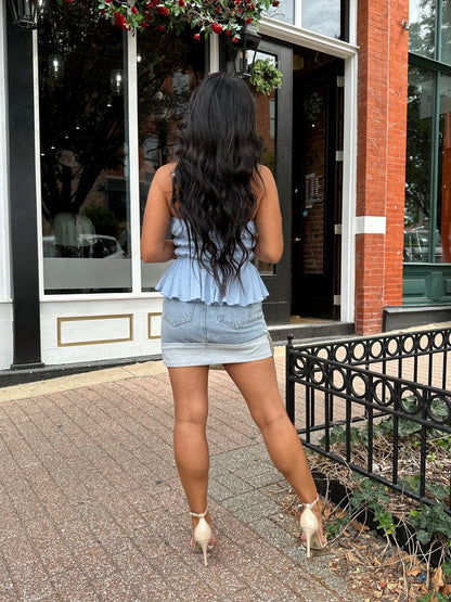 Romy Light Wash Cuffed Denim Mini Skirt