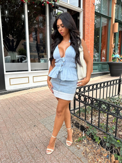 Romy Light Wash Cuffed Denim Mini Skirt