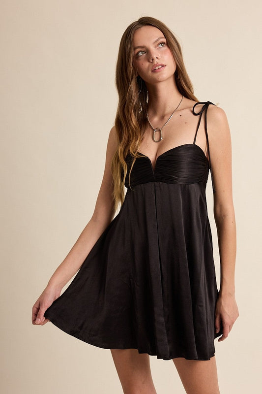 Serena Black Satin Babydoll Mini Dress