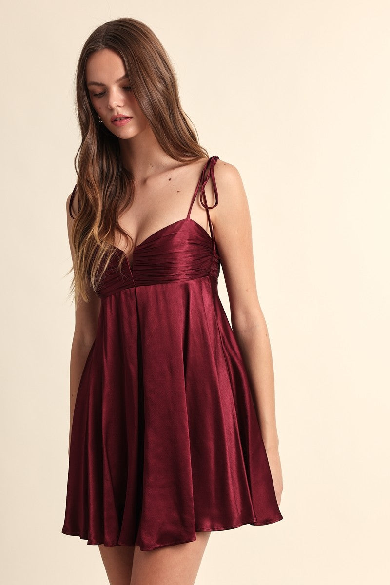 Serena Burgundy Satin Babydoll Mini Dress