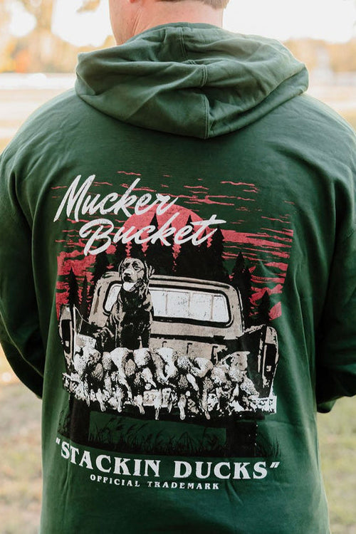 mucker bucket - stackin' ducks premium hoodie back on model