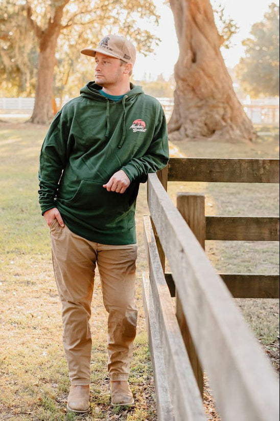 mucker bucket - stackin' ducks premium hoodie front on model