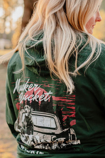mucker bucket - stackin' ducks premium hoodie on women's model