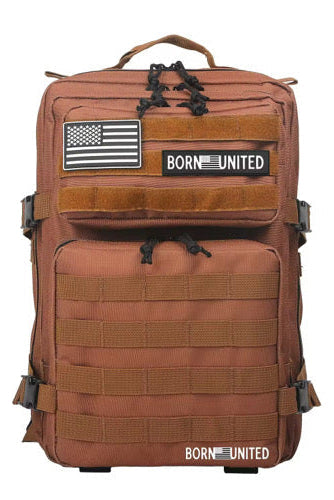 The Born United Private Label Standard Tac-Pac Ultimate Bundle is a brown tactical backpack with black zippers, American flag and BORN UNITED patches, multi compartments, and straps—great with your Born United tee or hat.