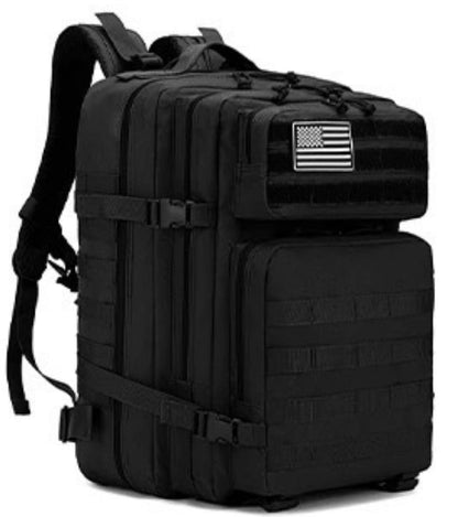 The Standard Tac-Pac Ultimate Bundle by Born United Private Label is a large black tactical backpack with multiple compartments, straps, and a black and white American flag patch—ideal for displaying patches or pairing with your favorite Born United Hat.