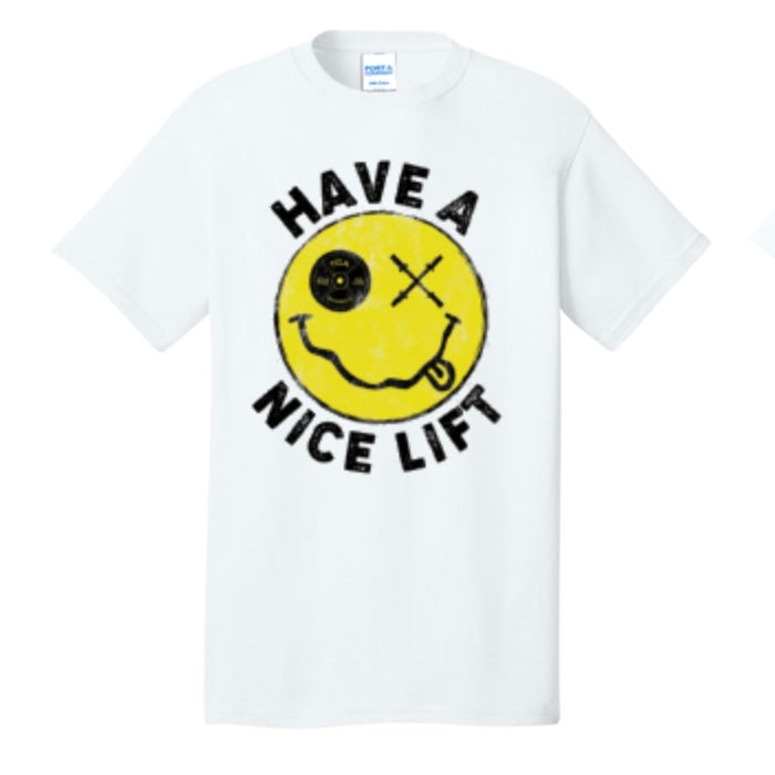 The “Thank You, have a Nice Lift" tee by Tango Charlie Apparel features a yellow smiley face with one X eye and tongue out, plus “HAVE A NICE LIFT” in black text. Made from a comfy cotton-poly blend for all-day wear.
