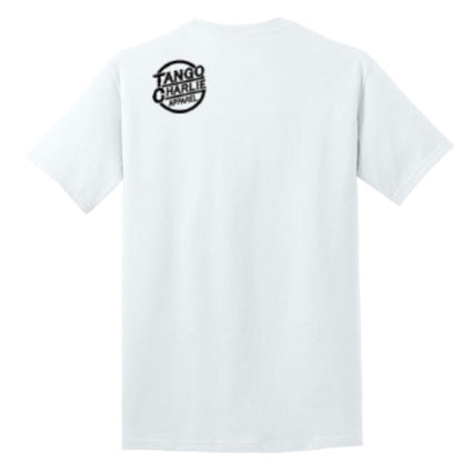 The “Thank You, have a Nice Lift” tee by Tango Charlie Apparel is shown from the back, featuring a small black circular logo near the top. Made from a soft cotton-poly blend for all-day comfort.