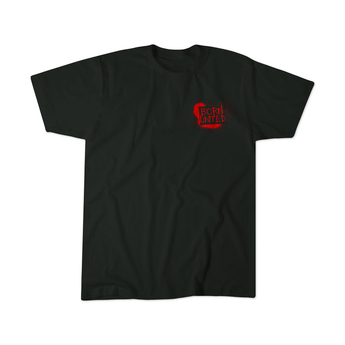 Black T-shirt featuring a small red “The Fraud Show” graphic by Born United Private Label on the upper left chest. Shirt is laid flat on a white background. Pre-order available now; estimated ship date provided at checkout.