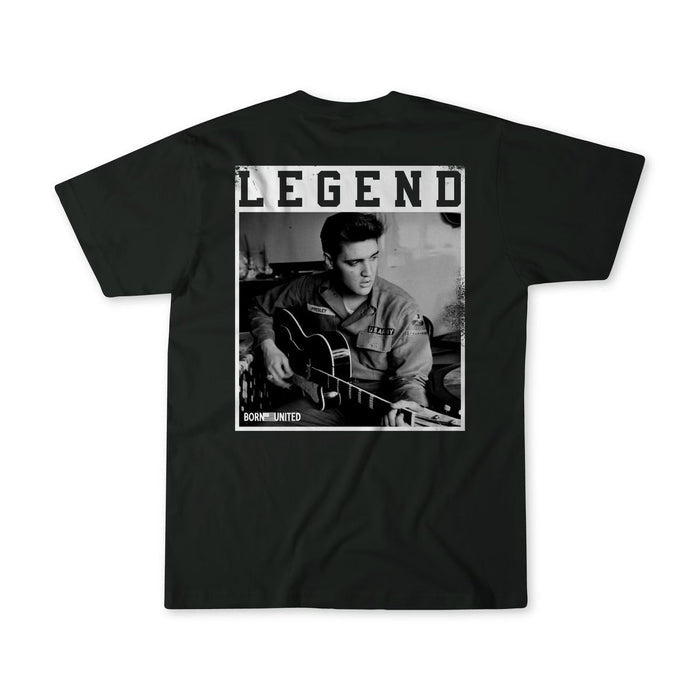 The King Legend Tee by Born United Private Label: Black T-shirt with a black and white photo of a man playing guitar, LEGEND in bold above, and BORN UNITED at the bottom.