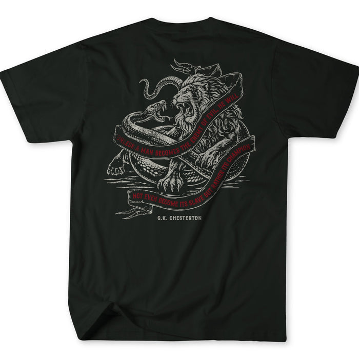 The Last Stand by Born United Private Label: a limited edition black tee with a lion fighting a serpent and a red G.K. Chesterton quote ribbon on the back, made for The Last Stand Festival. Laid flat to highlight the bold design.