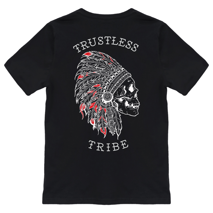 The Trustless Chief RED T-Shirt by Relentless Betrayal is a black unisex tee with a skull in a feathered headdress and TRUSTLESS TRIBE in white. Made from fine jersey cotton for comfort and style.