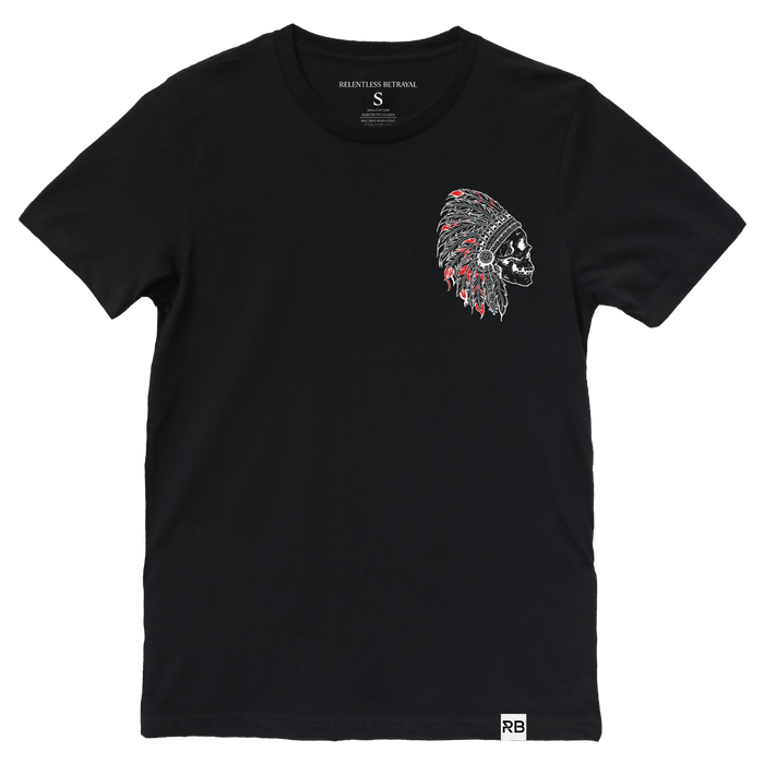 The Relentless Betrayal Trustless Chief RED T-Shirt is a unisex black and red jersey cotton tee, featuring a small embroidered skull in a Native American feather headdress with bold red accents on the upper left chest.