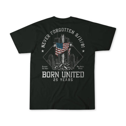 A black short-sleeve t-shirt shown from the back, featuring a distressed white graphic print of a rocket launching from the Statue of Liberty with an American flag, surrounded by the text 'NEVER FORGOTTEN 9/11/21' and 'BORN UNITED 25 YEARS'.