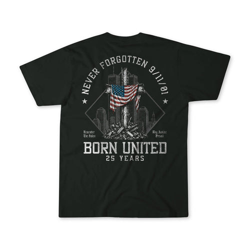 A black short-sleeve t-shirt shown from the back, featuring a distressed white graphic print of a rocket launching from the Statue of Liberty with an American flag, surrounded by the text 'NEVER FORGOTTEN 9/11/21' and 'BORN UNITED 25 YEARS'.
