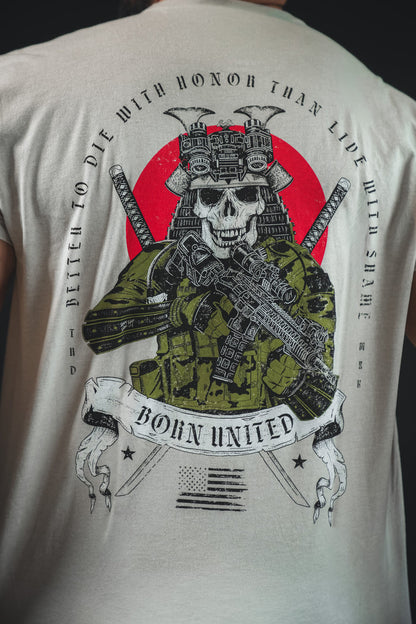 The "With Honor" t-shirt from Born United Private Label showcases a samurai skull in armor with a rifle, crossed katanas, and a red circle. Features the quote “Better to die with honor and integrity than live with shame” and “Born United” below.