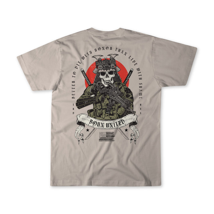 Back of a beige t-shirt from Born United Private Label’s “With Honor” line, showing a skeleton in tactical gear with a rifle and red accents. Features the phrases: “Better to die with honor than live with shame” and “Born United.”.