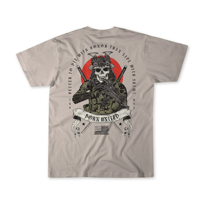 Back of a beige t-shirt from Born United Private Label’s “With Honor” line, showing a skeleton in tactical gear with a rifle and red accents. Features the phrases: “Better to die with honor than live with shame” and “Born United.”.