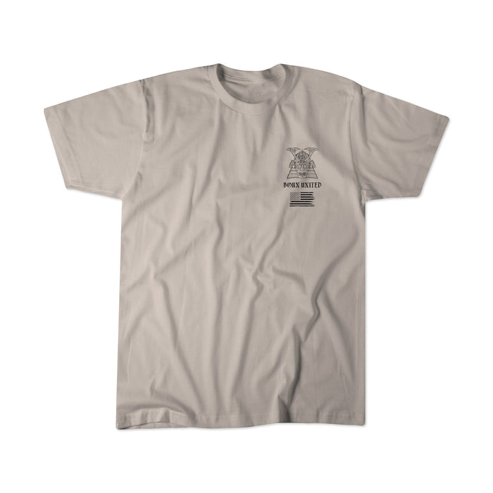 The With Honor tee from Born United Private Label features a gladiator helmet graphic, "BORN UNITED" text, and a stylized American flag on light gray—ideal for the modern warrior who values honor and integrity.