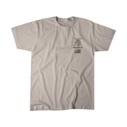 The With Honor tee from Born United Private Label features a gladiator helmet graphic, "BORN UNITED" text, and a stylized American flag on light gray—ideal for the modern warrior who values honor and integrity.