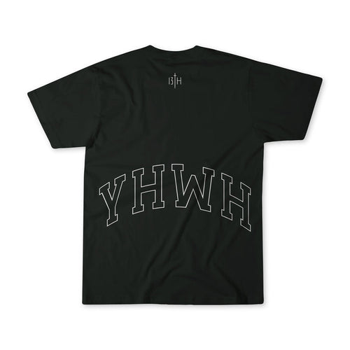 The YHWH - Premium Oversized Tee by 13th features large outlined YHWH lettering on the back, a small 13TH logo near the neck, and is crafted from premium cotton for comfort and bold, faith-inspired style drawn from Psalm 98:4-6.