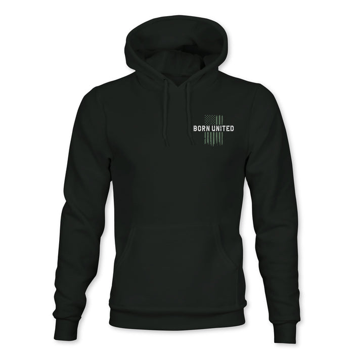 The Youth American Heroes Hoodie by Born United Private Label is a black hooded sweatshirt with a front pocket and "BORN UNITED" in white plus five vertical lines on the chest—ideal for young patriots who love standout style.