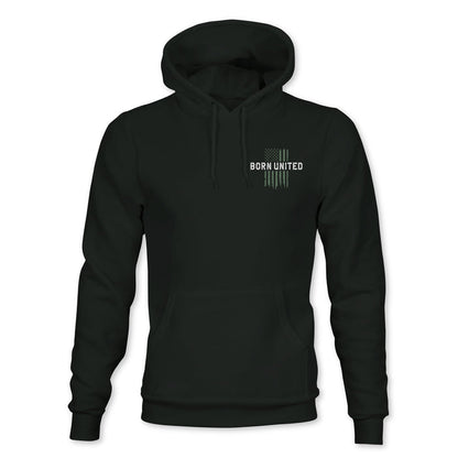 The Youth American Heroes Hoodie by Born United Private Label is a black hooded sweatshirt with a front pocket and "BORN UNITED" in white plus five vertical lines on the chest—ideal for young patriots who love standout style.
