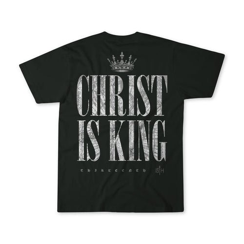 The Youth Christ is King Premium Tee by 13th features bold white text and a crown graphic on the back, plus "THIRTEENTH 13TH" subtly printed below—perfect faith apparel for Christian youth seeking a unique style.
