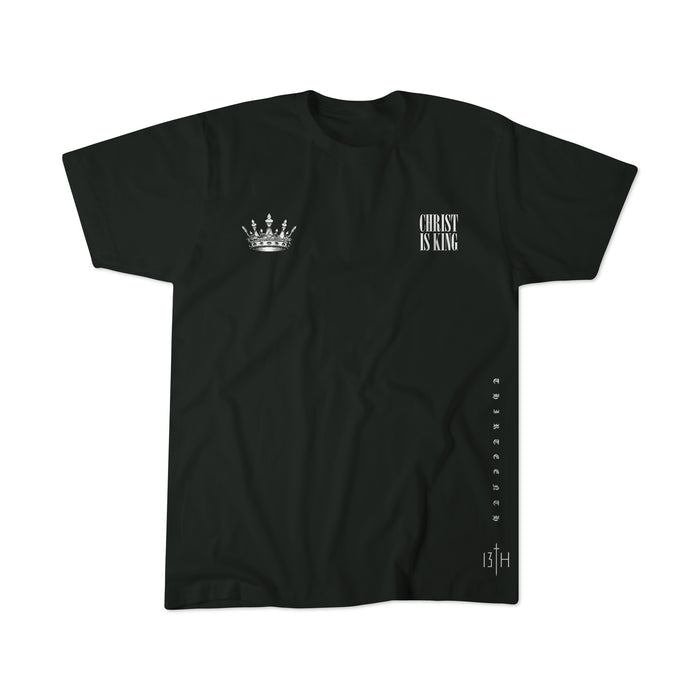The Youth Christ is King Premium Tee by 13th features a white crown on the left chest, CHRIST IS KING on the right, vertical side text, and "13TH" at the bottom—bold faith-inspired apparel for Black Christian youth.