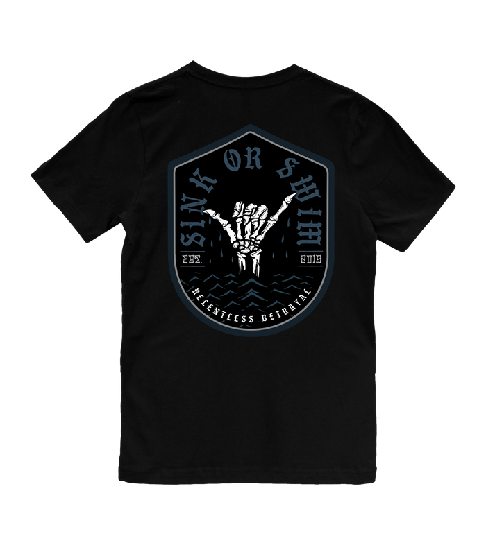 The Youth Sink or Swim Tee by Relentless Betrayal is a black t-shirt with a large shield graphic on the back, featuring a skeletal hand rising from water and the text Sink or Swim, Fearless Betrayal, plus the years 1979 and 2013.